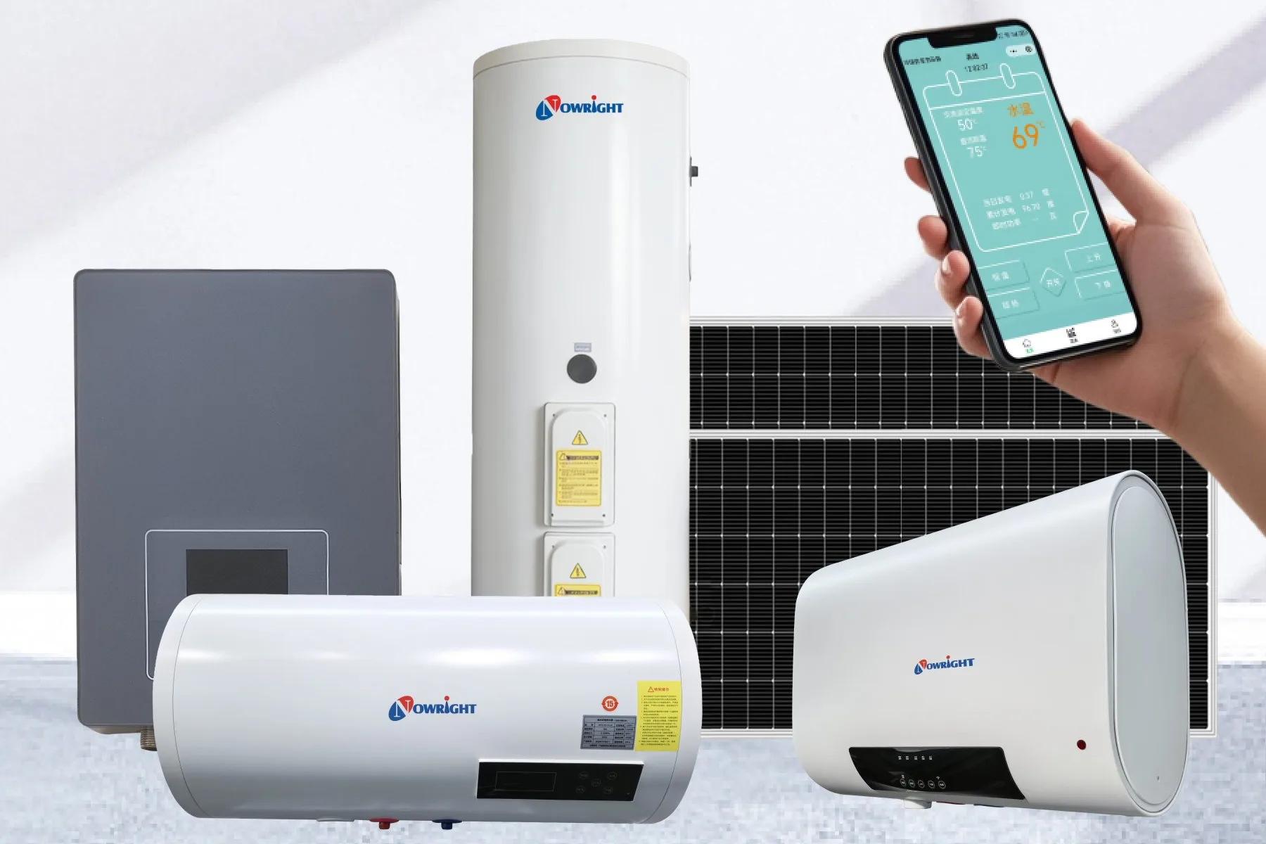 Nowright photovoltaic water heaters — vertical and horizontal tanks with solar panels and the Nowright mobile app